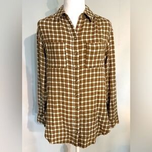 Anthropologie Pilcro Plaid Textured Button Down Long Sleeve Shirt, Size XXS